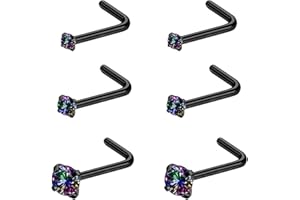 6ixGosh 4-6pcs 20g Nose Rings Studs Surgical Steel Nose Rings CZ L Shaped Corkscrew Nose Ring Studs for Women Men Small Cute Silver Rose Gold Black Nose Rings Stud 1.5mm 2mm 2.5mm 3mm Nostril Piercing jewelry