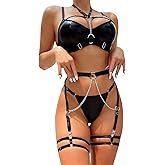 Myilewjt Women's Exotic Lingerie Sets Sexy Strappy Leather Rave Outfits Babydoll Garter with Underwire Push Up Bra and Chains