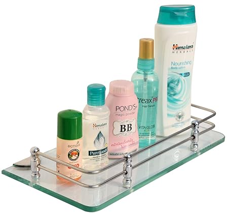 Primax Stainless Steel Multi-Purpose Glass Shelf/Bathroom Shelf/Kitchen Shelf 12 X 6 inches - Wall Mount, Transparent