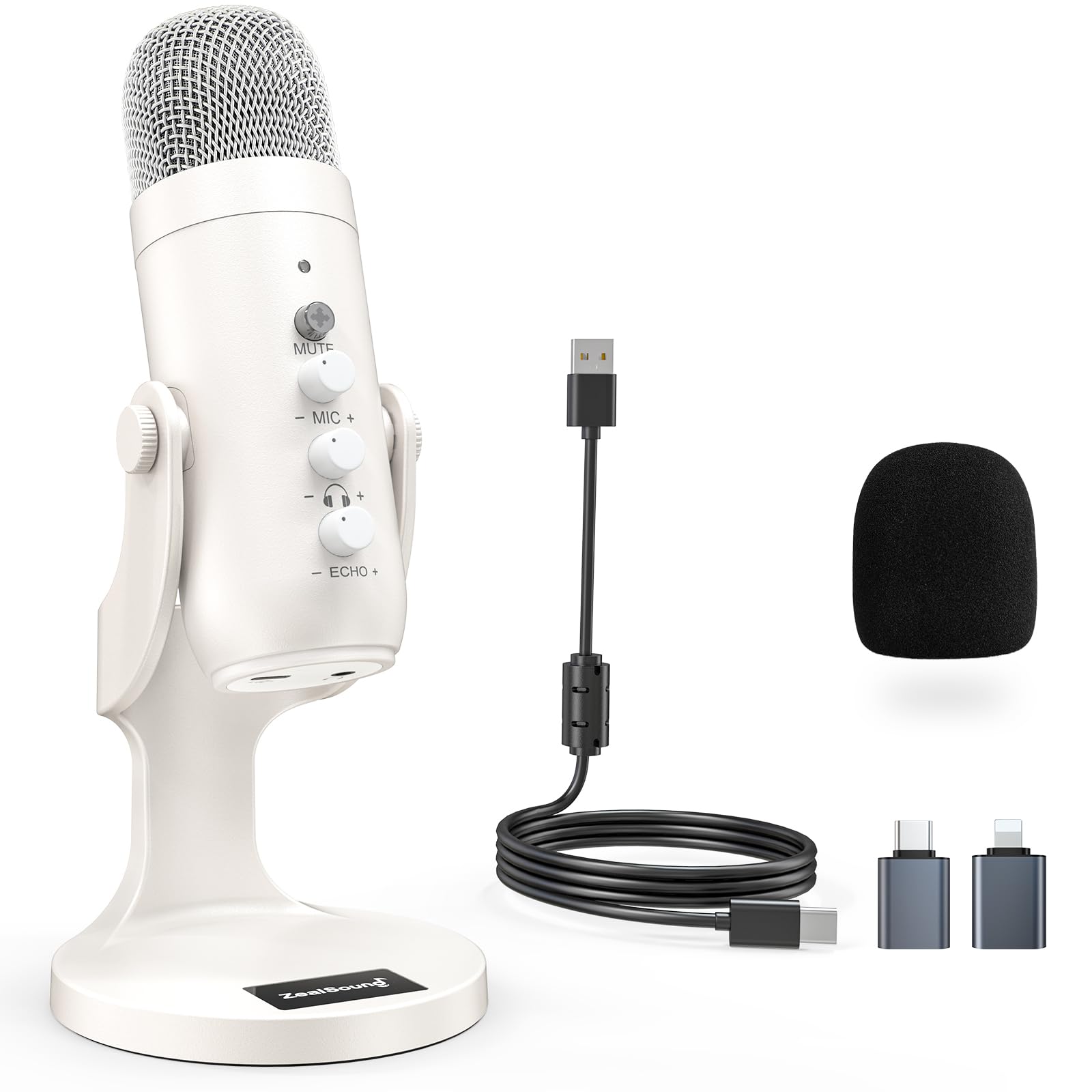 Photo 1 of ZealSound USB Microphone,Quick Mute Noise Cancel for Phone Computer PC PS5,Gaming Microphone with Gain Control,Echo Monitor Volume Adjust for Streaming Vocal Recording ASMR Podcast Video K66 White