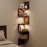 HAAYOT Corner Shelf Wall Mounted: 5-Tier Floating Shelves with Lights for Bedroom, Living Room, Home Office, Rustic Brown