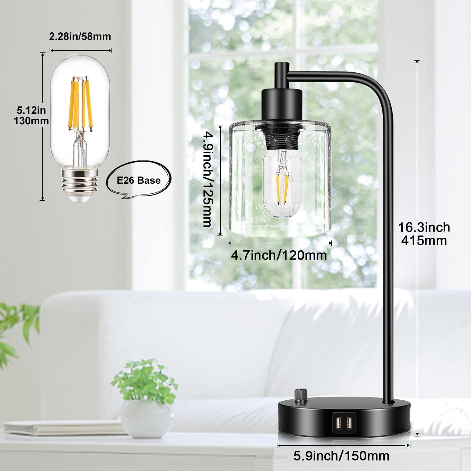 Set of 2 Industrial Table Lamps with 2 USB Port, Fully Stepless Dimmable Lamps for bedrooms, Bedside Nightstand Desk Lamps with Seeded Glass Shade for Reading Living Room Office 2 LED Bulb Included - - 