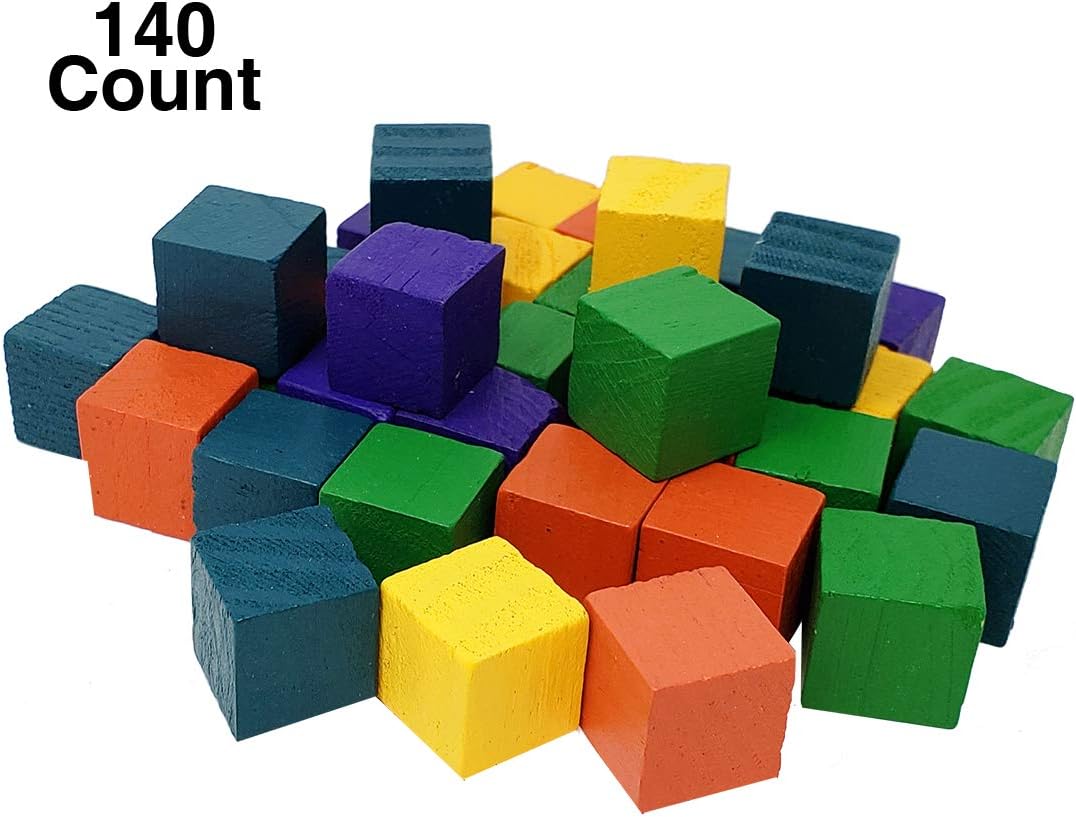 Mini Wood Blocks, Cubes 0.625 Inches (140 Pack) Multi-Colored Wooden Blocks for Crafts and Carving, Plain Blank Color Wood Blocks