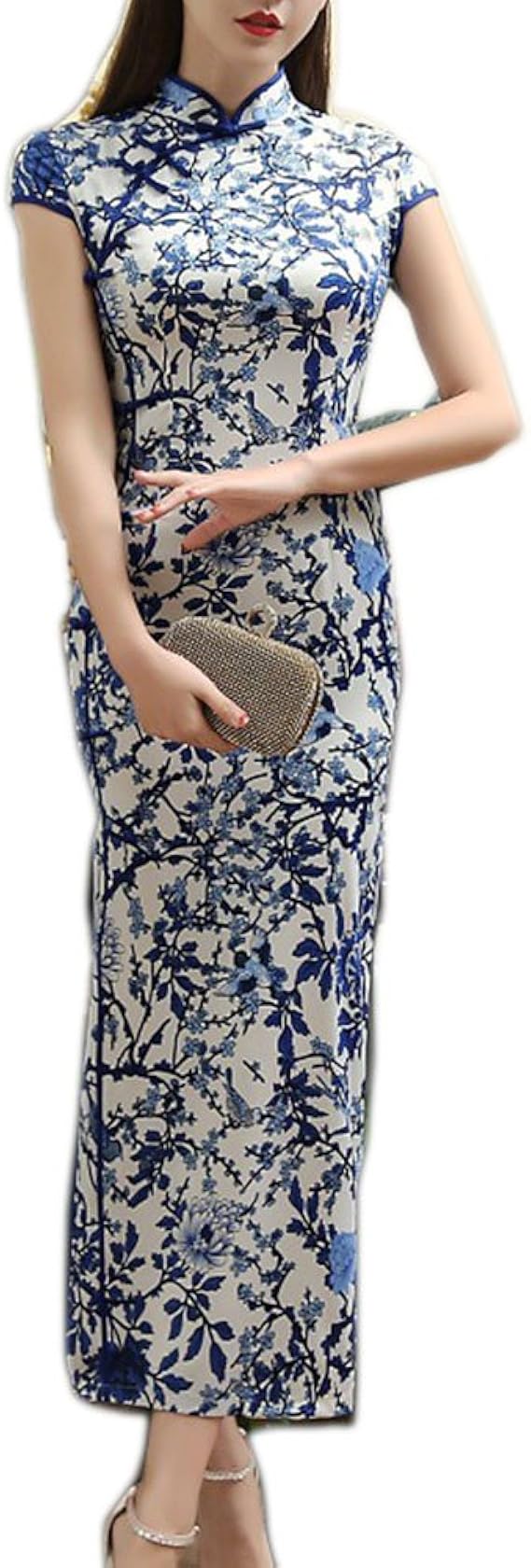 Amazon モヨーム Moyoumu エレガント レディース ロングチャイナドレス ワンピース 半袖 ロング丈ドレス チャイナ服 鳥と葉柄 中国ドレス パーティー 演奏会 お出かけ デート ブルー 3xl レディース 通販