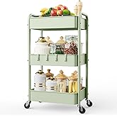 LEHOM 3 Tier Rolling Storage Cart, Metal Trolley Utility Cart with Wheels & Hooks, Easy Assembly Organizer Storage Cart for B