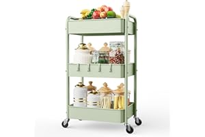 LEHOM 3 Tier Rolling Storage Cart, Metal Trolley Utility Cart with Wheels & Hooks, Easy Assembly Organizer Storage Cart for Bathroom Kitchen Office Bedroom (Green)