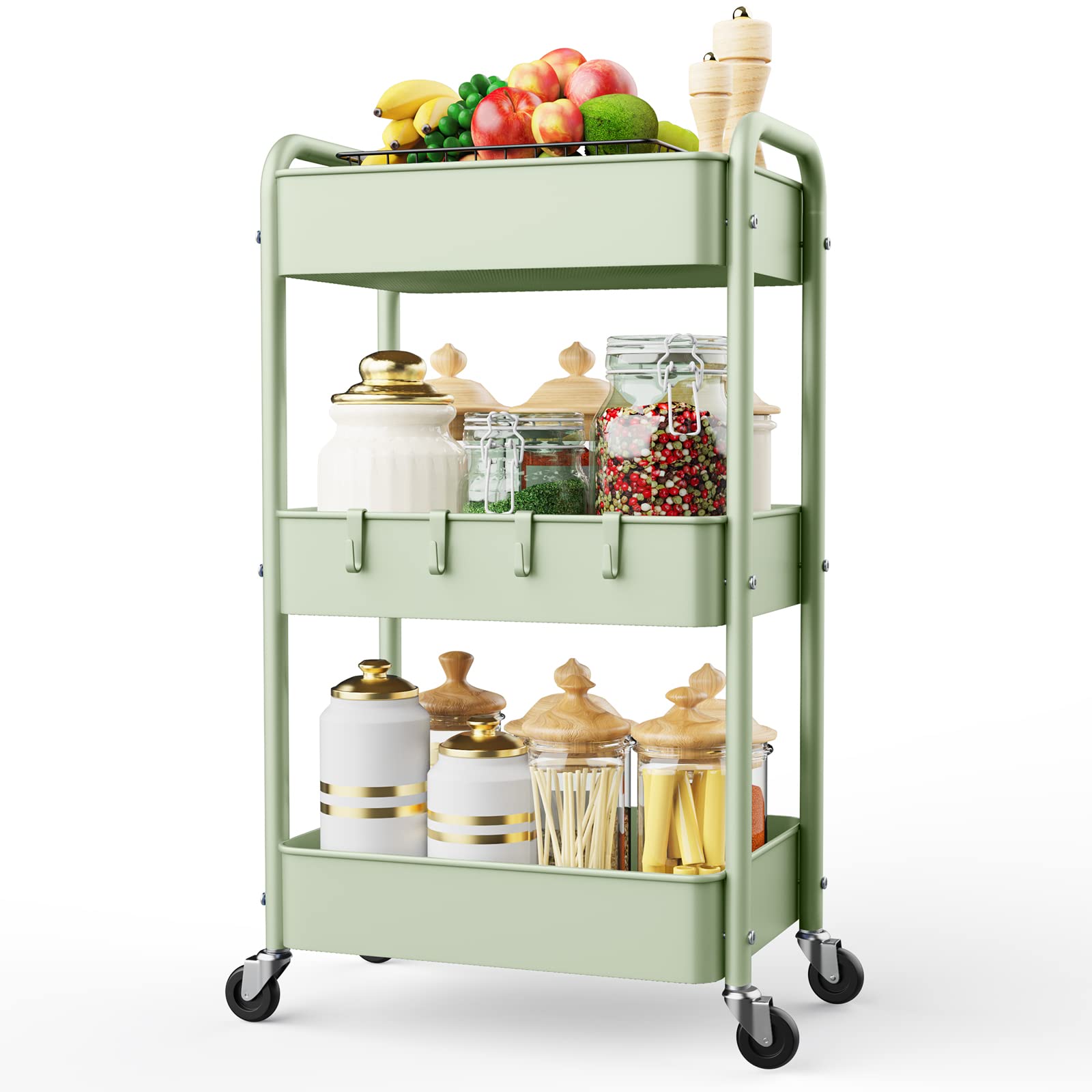 Photo 1 of LEHOM 3 Tier Rolling Storage Cart, Metal Trolley Utility Cart with Wheels & Hooks, Easy Assembly Organizer Storage Cart for Bathroom Kitchen Office Bedroom (Green)