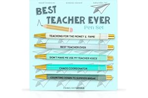 Moonlight Makers Funny Pens — Cute Pens for Teachers, Snarky Black Ink Ballpoint with Sayings, Fine Point Office Desk Accessories for Women and Coworkers Gift Ideas, Set of 5, Best Teacher Ever