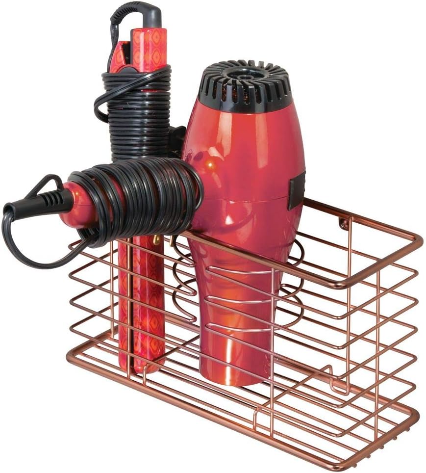 mDesign Bathroom Wall Mount Hair Care & Styling Tool Organizer Storage Basket for Hair Dryer, Flat Iron, Curling Wand, Hair Straighteners, Brushes - Durable Steel Wire in Venetian Bronze Finish: Home & Kitchen