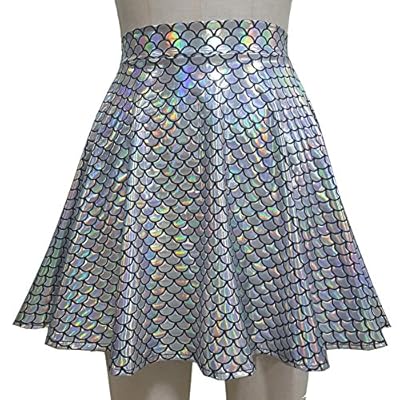 Pinda Summer Holographic Mermaid Scale High Waisted Flare Skater Skirt (XL, 369MD)