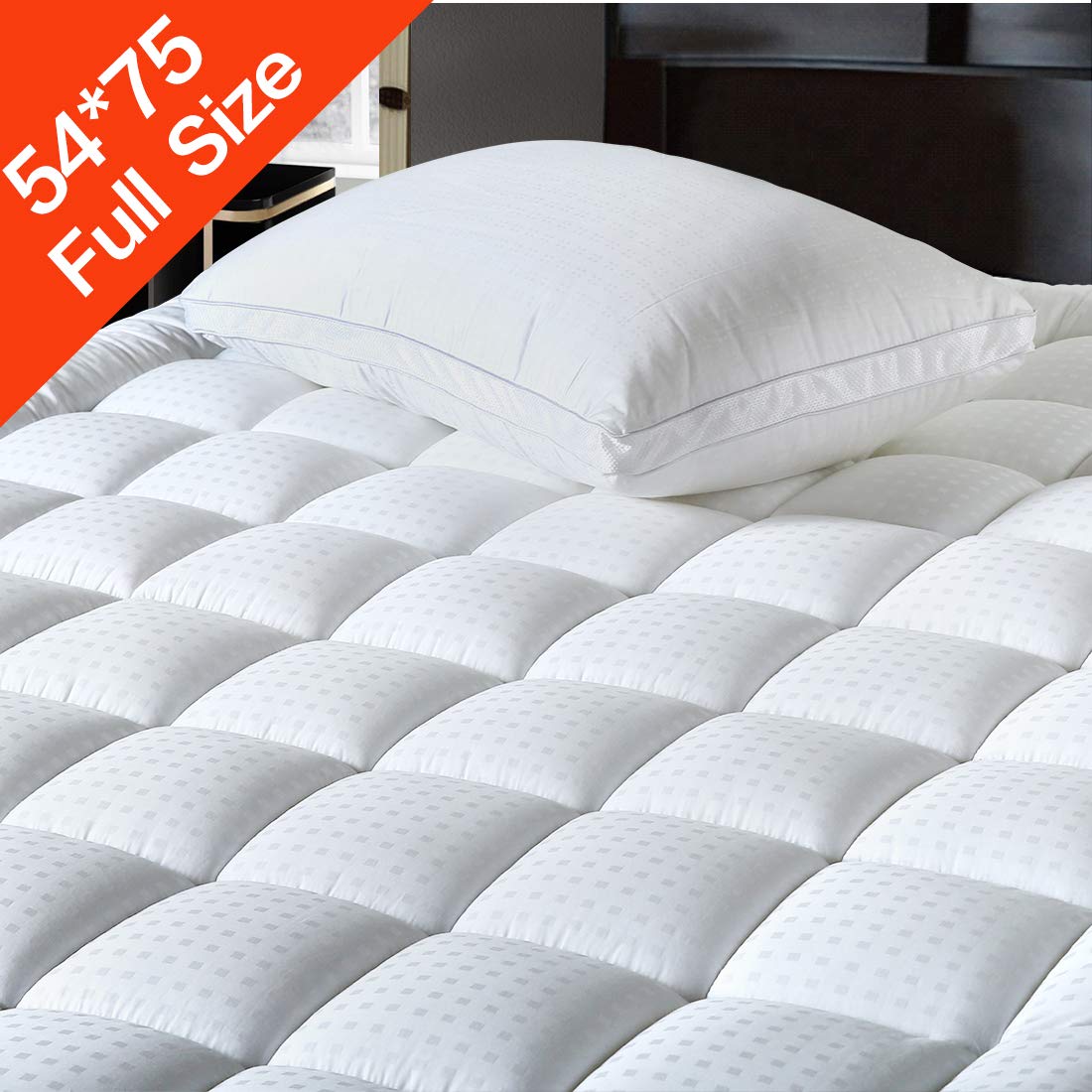 BALICHUN Pillowtop Full Mattress Pad Cover 300TC 100% Cotton Down Alternative Filled Mattress Topper with 8-21-Inch Deep Pocket (White, Full)