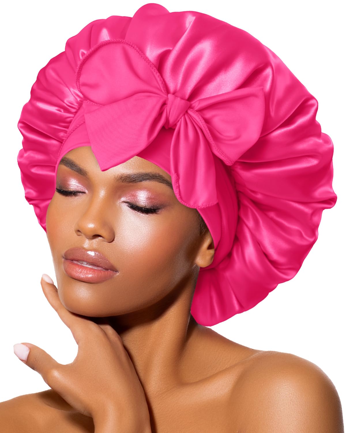 BONNET QUEEN Silk Bonnet for Sleeping for Curly Hair, Satin Bonnet Hair Wrap for Women & Men, Adjustable Silk Scarf Night Cap with Tie Band, Hot Pink