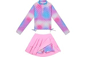 URMAGIC Girls Rash Guard Two Piece Swimsuit Long Sleeve UPF 50+ Bathing Suit Swim Skirt with Shorts Tankini Swimwear 4-10Y