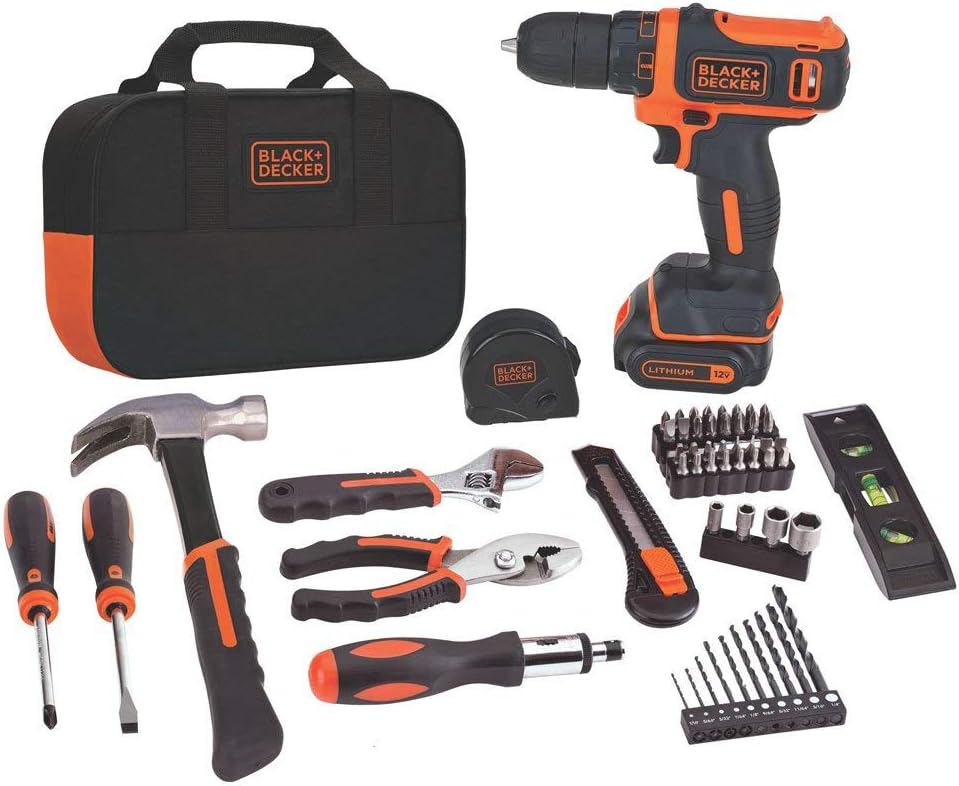 BLACK+DECKER 20V MAX Drill & Home Tool Kit, 59 Piece (BDCDD12PK) (Renewed)