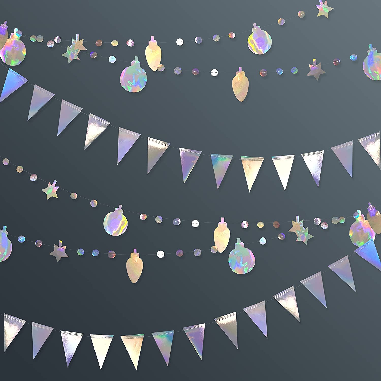 24Ft Iridescent Paper Party Decorations Bulb Star Circle Dots Streamer Garland Holographic Flag Bunting Banner for Birthday Wedding Baby Shower Nursery Home Kids Room Classroom Hanging Decor