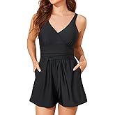 Smismivo Swim Rompers for Women Tummy Control V Neck Swimsuits with Shorts One Piece Modest Bathing Suits Full Coverage