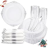 Liacere 350PCS Silver Plastic Plates&Pre Rolled Napkins for 50 Guests - Plastic Dinnerware Sets 100Silver Disposable Plates, 150Silver Silverware, 50Cups and 50Napkins for Christmas