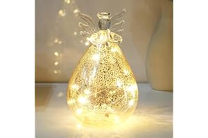 YCJIAAUT Mercury Glass Angel Light, Battery Operated Tabletop Angel Lamp, Decorative Lighted Figure, Cordless Light Up Statue with Trumpet, Glow in The Dark Glass Christmas Ornament