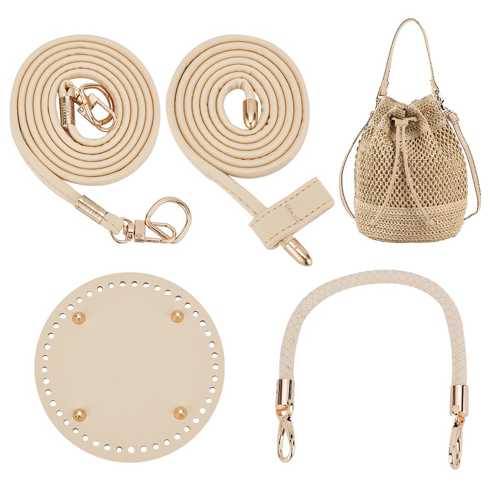 WADORN DIY Handbag Making Kits, Handmde Crochet Knitting Bag Making Accessories Include Round PU Leather Bag Bottom Bag Shoulder Strap Braided Leather Handle Strap and Drawstring Strap