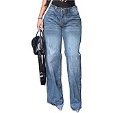 EXPJEAS Womens Baggy Jeans Boyfriend Straight Wide Leg Pants Trendy Retro High Waist Distressed Streetwear Bottoms
