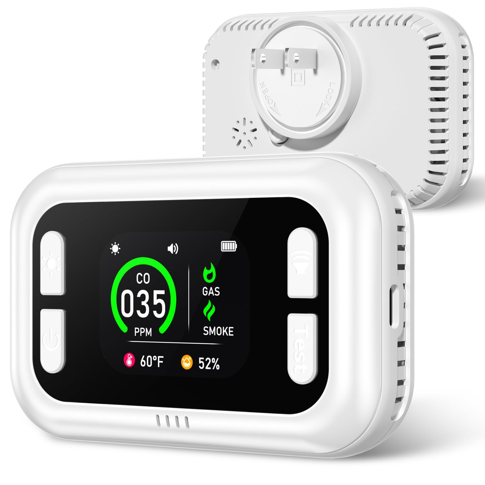 Photo 1 of 5 in 1 Carbon Monoxide Detectors, Natural Gas Detector & Smoke Detector with Dual Alarm & Bulit-in Battery, Propane CO Detector Plug in (Temp & Humidity) for Home RV Camping Travel (White)