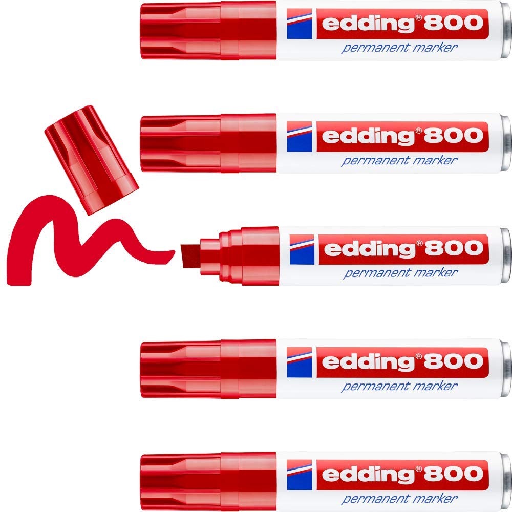 edding 800 permanent marker - red - 5 pens - chisel tip 4-12 mm - for bold markings - waterproof, quick-drying, smear-proof pens - for cardboard, plastic, wood, metal, glass and fabric