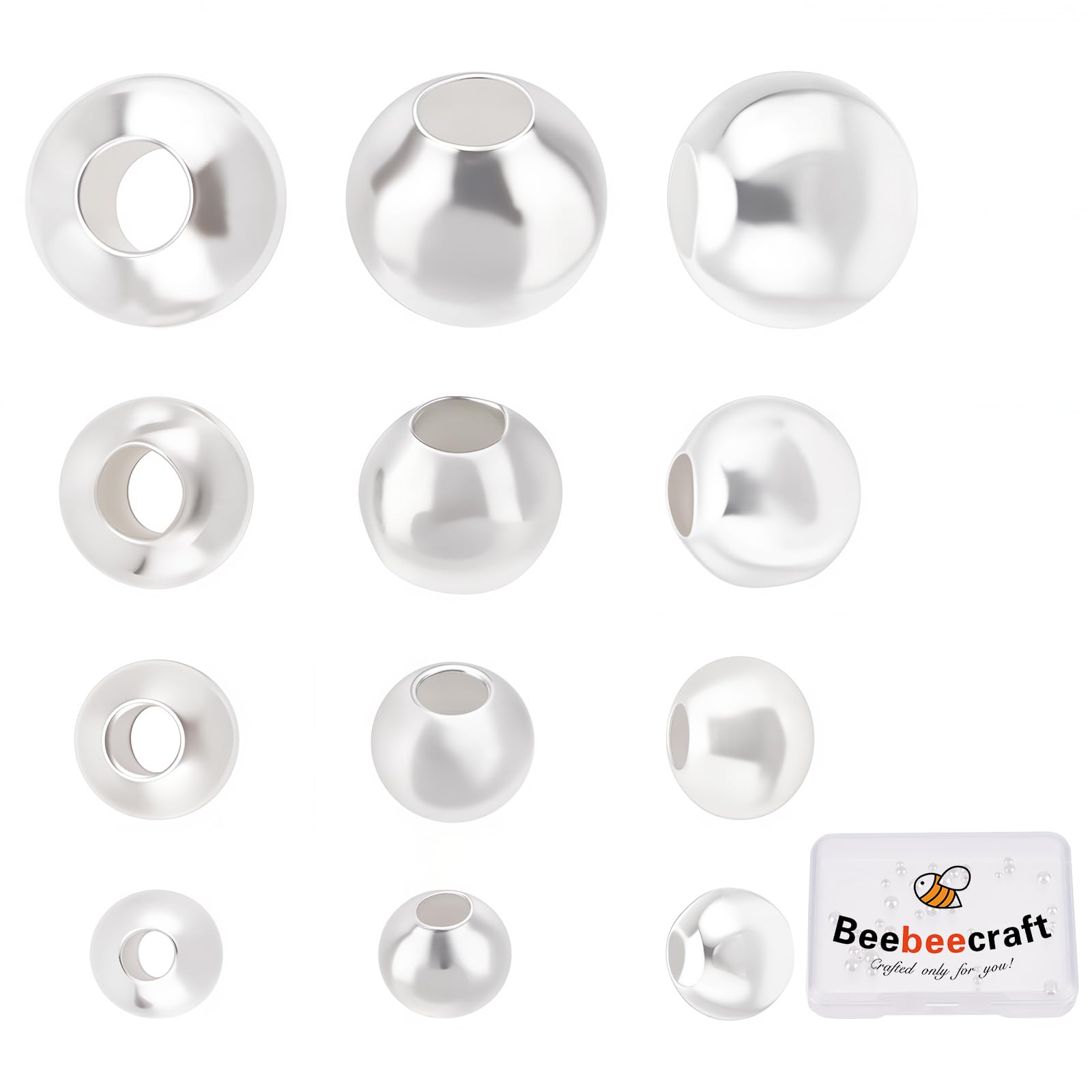 Beebeecraft 40Pcs/Box 925 Sterling Silver Spacer Round Beads Tiny 2/2.2/3/4mm Smooth Loose Beads for DIY Earring Necklace Jewellery Making (Hole: 0.5/1/1.5mm)