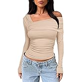 Darong Women's Off Shoulder Tops Y2K Shirt Slim Fit Ruched Crop Top Long Sleeves Spring Fall Blouse Going Out Shirt