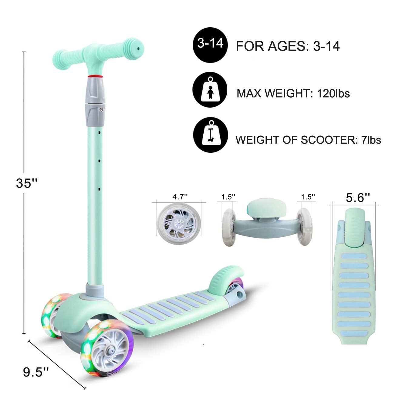 67i Kick Scooter for Kids 3 Wheel Scooter for Toddlers Girls & Boys 4 Adjustable Height Lean to Steer with PU Light Up Wheels for Children from 3 to 14 Years Old (Green)