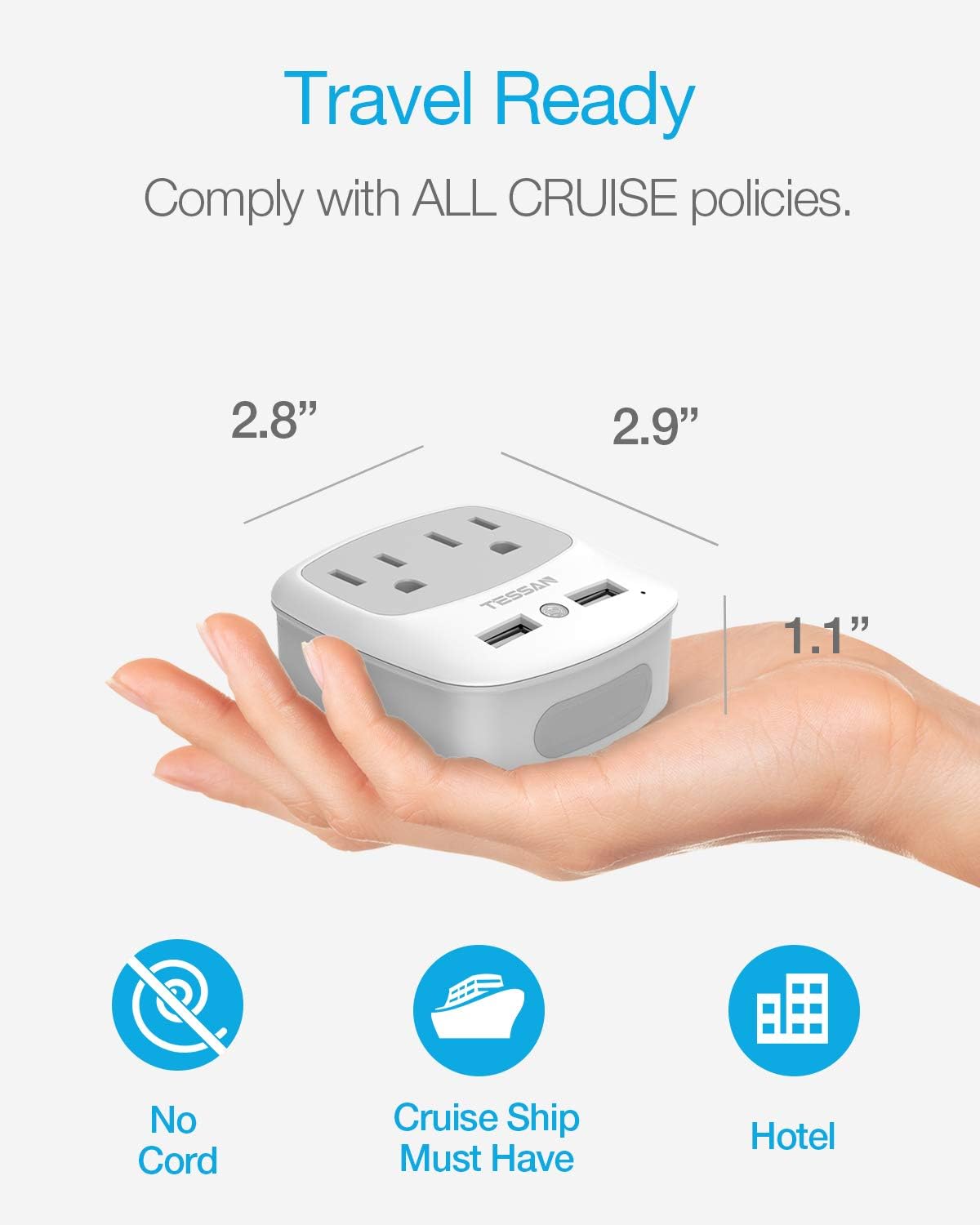 USB Outlet Plug Extender, TESSAN Power Outlet Expander with USB Wall Charger and Night Light Adapter for Travel Cruise Essentials, Mini Phone Charger with Multiple Outlet Splitter - - 