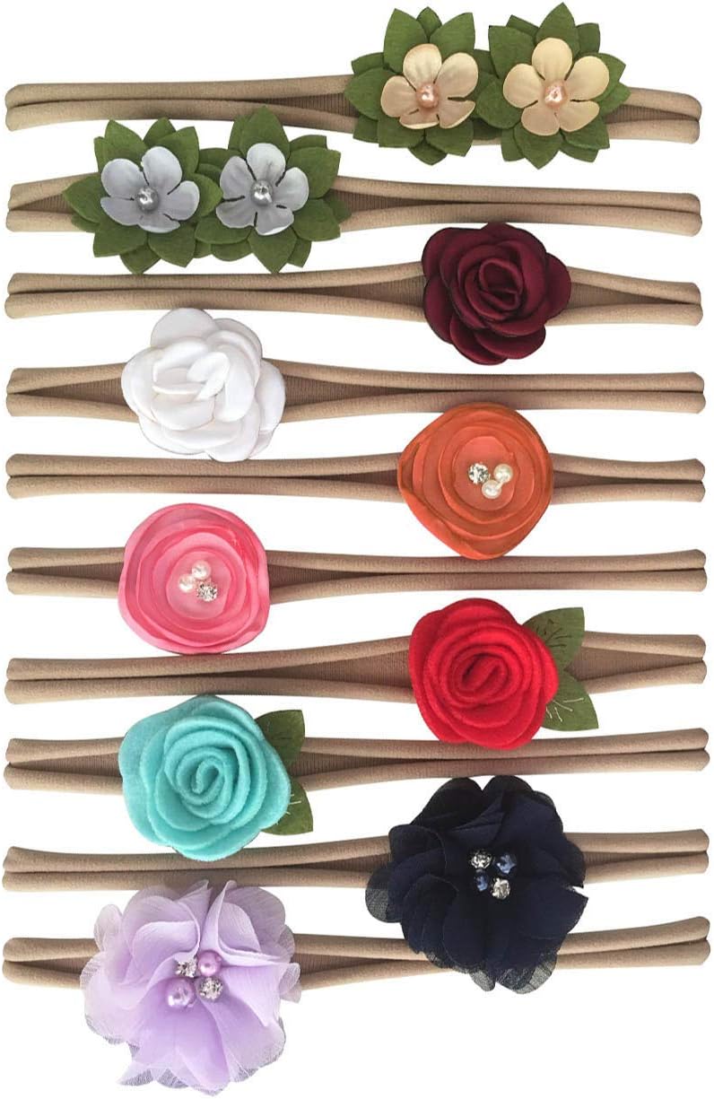 RSKY Baby Rsky Baby Girl Headbands Newborn Hair Flower Bows Infant Nylon Head Bands for Toddler Accessories Pack of 10