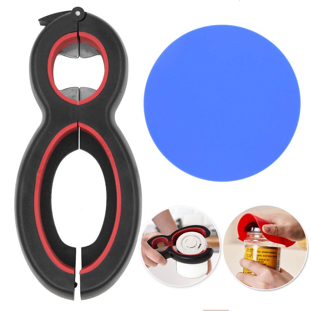 Multifunction Bottle Opener with Silicone Jar Gripper Pad, 6-in-1 Beer Bottle Tin Can Opener and Non Slip Opener Mat, Lid Remover for Weak Hands/Seniors/Arthritis Suffers/Kitchen/Camping