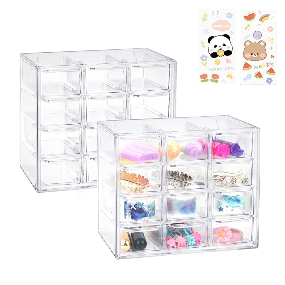 Photo 1 of 2 Pcs Acrylic Clear Stackable Storage Drawers, Desk Storage Organizer with 12 Mini Drawers, Removable Storage Box with Sticker for Makeup Jewelry Bathroom Craft Supplies (2Pc-12Drawers)