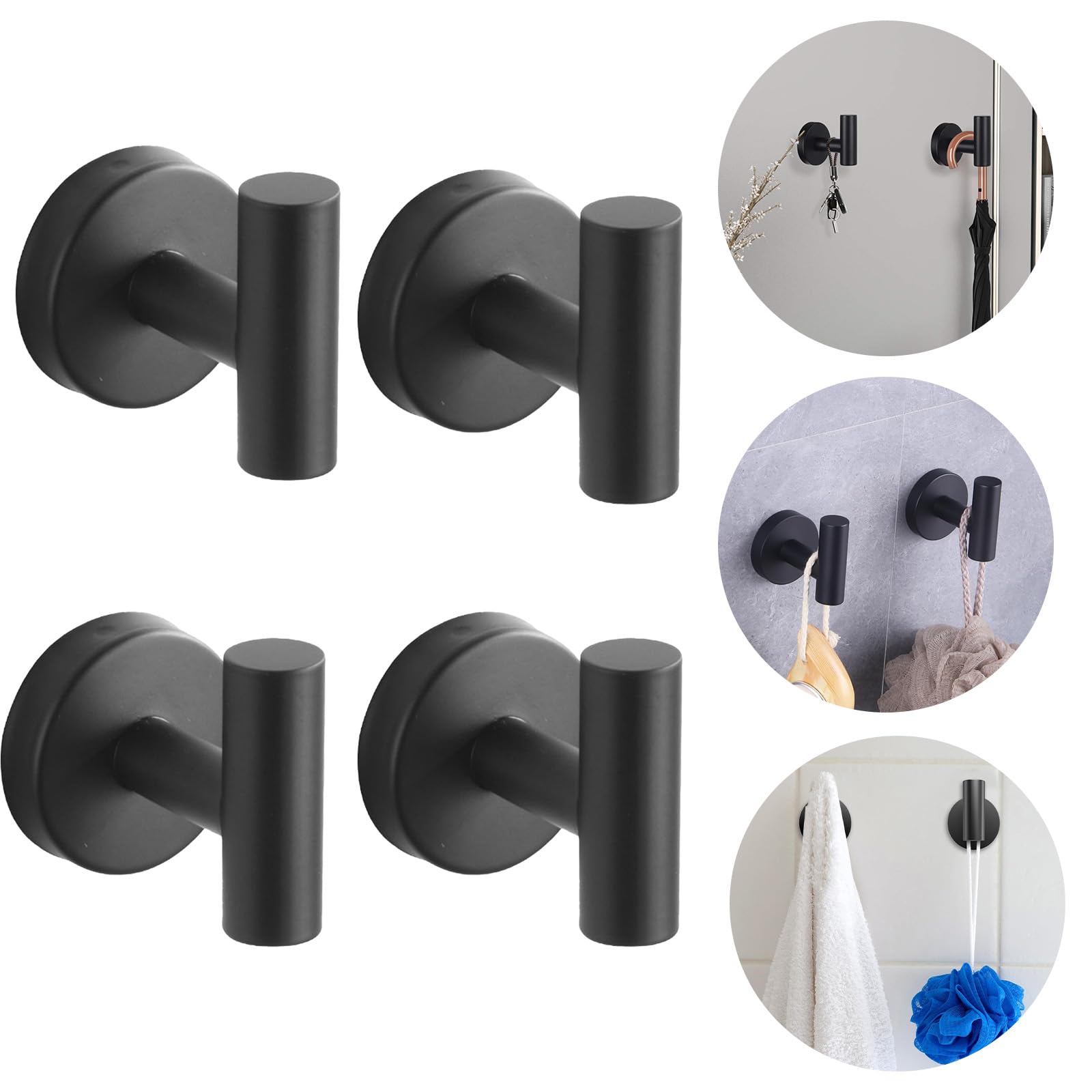 Boxonly Heavy Duty No-Drill Stainless Steel Suction Cup Coat Hook – Bathroom and Kitchen Towel Hooks, Black – 4 Pcs, Strong Suction Hold, Removable, Up to 5kg Capacity, Modern Minimalist Design