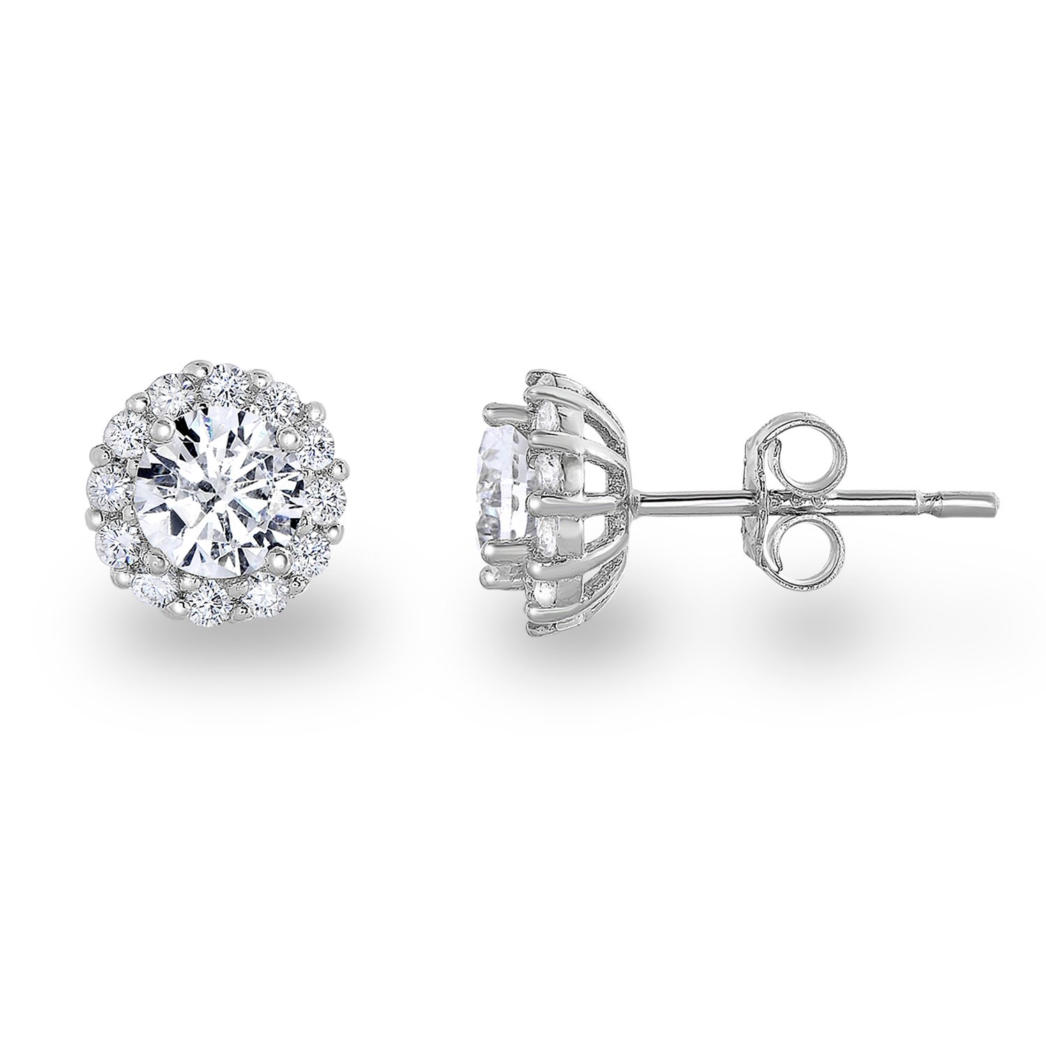 Rhodium Plated Sterling Silver Cubic Zirconia Classic Halo Stud Earrings,(Center Stone:5mm)