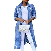 Leyoutx Womens Distressed Ripped Lapel Trench Coat Slim Fit Button Down Washed Long Jean Jacket