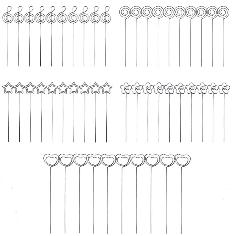 Tokenhigh 50 Pcs Memo Clip Said Memo Photo Holder Metal Craft Wedding Card Business Card,5 Shape Metal Wires Note Card Clip Photo Stand for Wedding Party Cake Décor