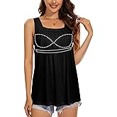 ANYFITTING Tank Top with Built in Bras Women Padded Flowy Loose Camisole Shirt Square Neck Sewn in Medium Support Wide Strap