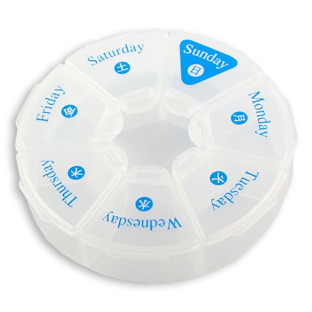 LTCT Round 7 Days Pill Box Organizer for Medicine Travel White Case Weekly Holder