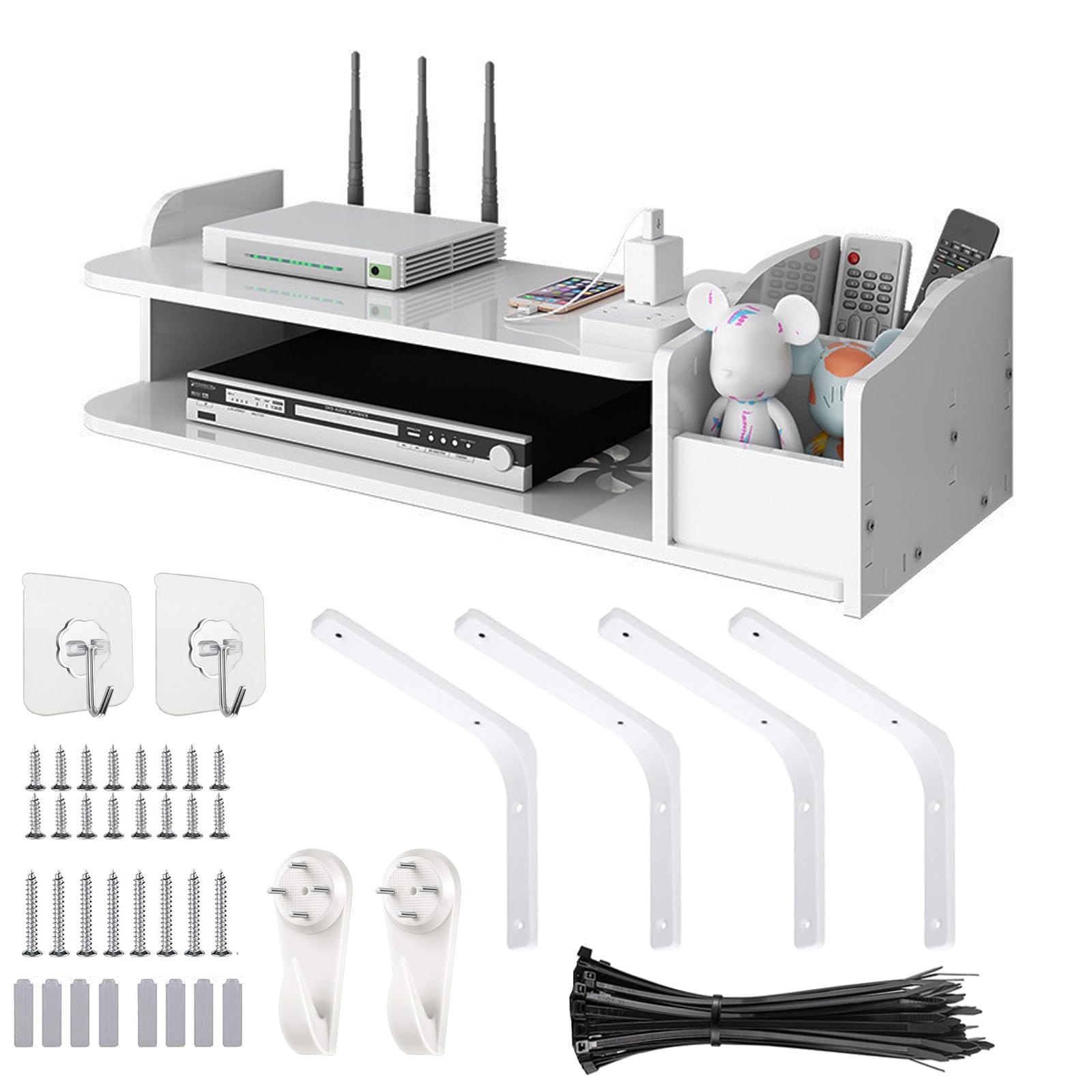 Catekro Floating Wall Shelf for WiFi Router, Comes with Four Shelf Brackets and 100 pcs Black Cable Zippers, Floating Shelf for Cable Boxes, Digital Media Router, Games Consoles