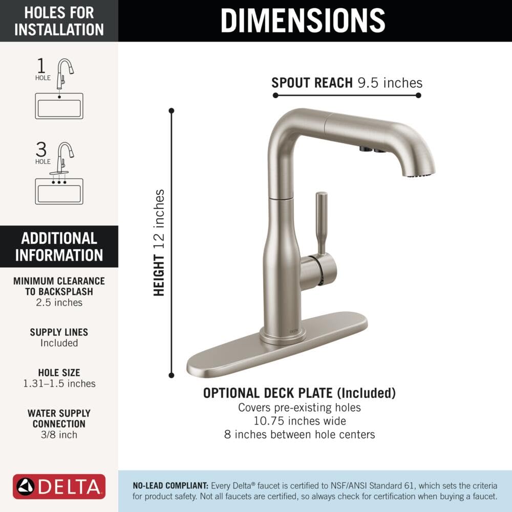 Delta Almari Brushed Nickel Kitchen Faucet with Pull-Out Sprayer, Modern Single Hole Kitchen Sink Faucet, Single Handle, Stainless 16943-SS-DST