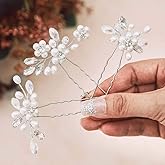 Unicra Silver Bride Wedding Hair Pins Pearl Bridal Hair Pieces Flower Hair Accessories Rhinestone Prom Hair Clips for Women and Girls (Pack of 3)