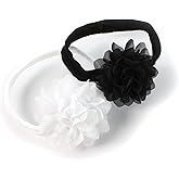 My Lello Baby Girl Rounded Petal Chiffon Flower Nylon Elastic Headbands Set 2pcs - Small - White/Black