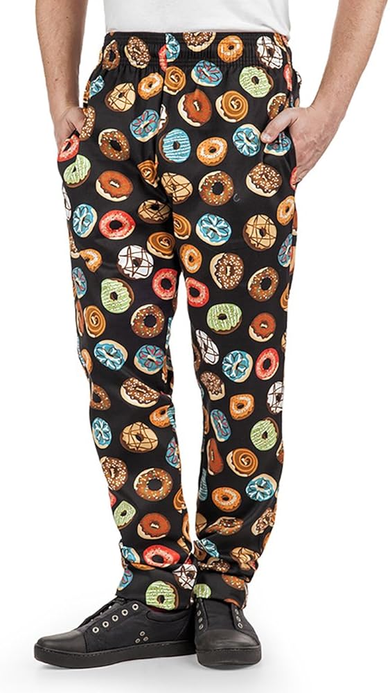 Men’s Donut Print Chef Pant (XS-3X) | Traditional Baggy Fit, 100% Cotton, Elastic Waist: Clothing
