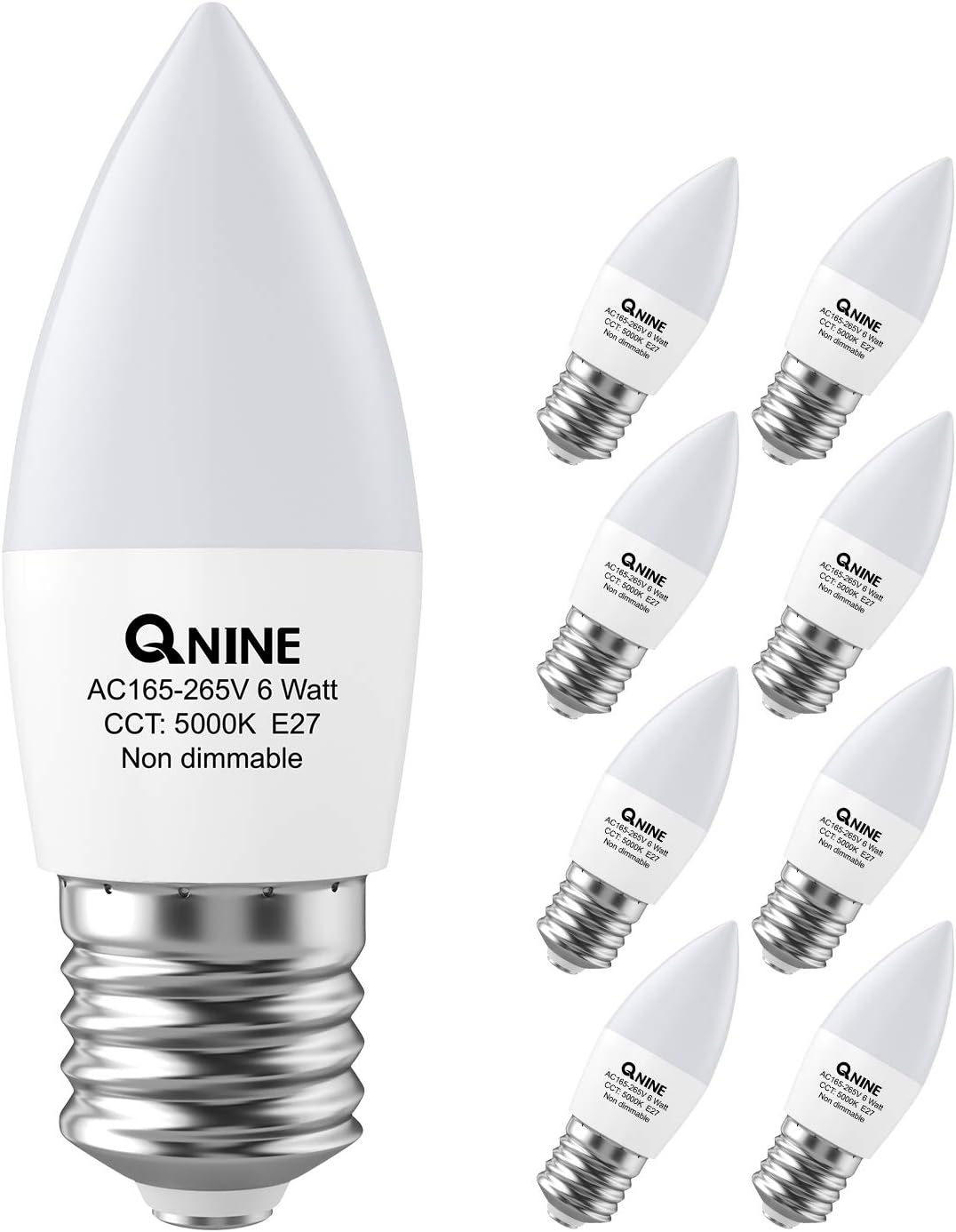 QNINE 8-Pack Cool White E27 Screw Bulb, 6W (60W Equivalent), 540lm, LED Candle Bulbs, 5000K, Non-Dimmable