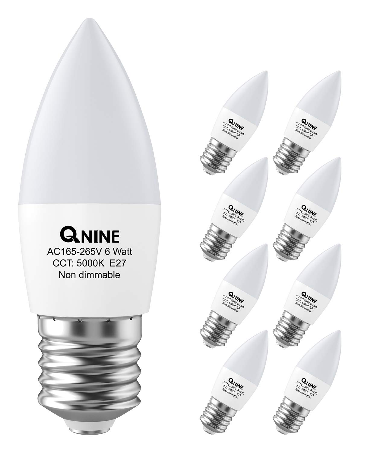 QNINE 8-Pack Cool White E27 Screw Bulb, 6W (60W Equivalent), 540lm, LED Candle Bulbs, 5000K, Non-Dimmable