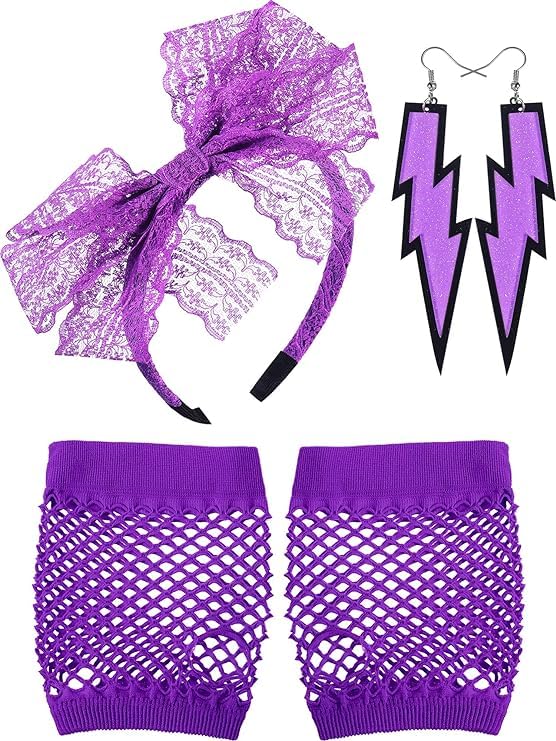 mefound 80s Fancy Dress Costume Accessories Set 1980s Fancy Party Costume Set for Women Lace Headband Earrings Fishnet Gloves 80s Retro Party