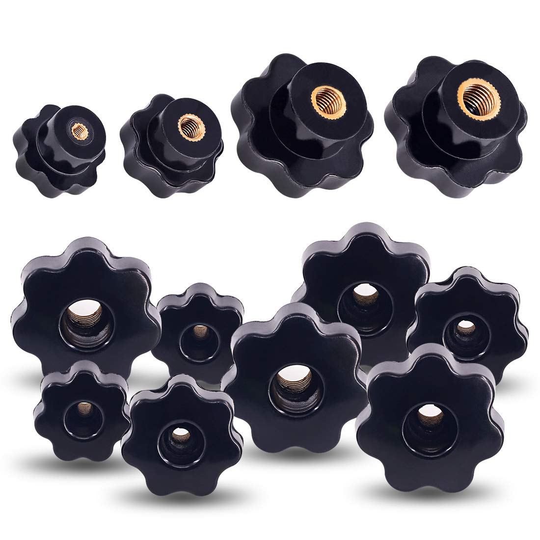 Swpeet 32Pcs M4 M6 M8 M10 7 Star Through Hole Nut Clamping Knob Assortment Kit, Star Shape Black Plastic Screw-On Handle for Mechanical Equipment