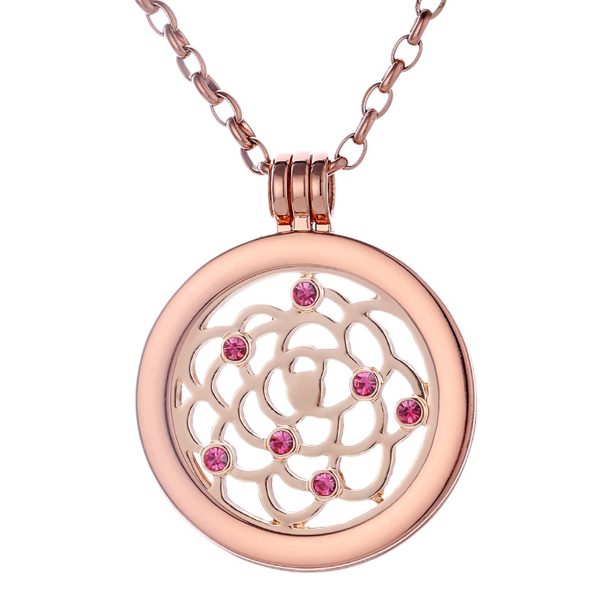 Morella Women Necklace 70 cm 27.5" Rose Golden Stainless Steel with Sky Ornament Coin 33 mm 1,3" Pink Gold in a Velvet Jewelry Bag