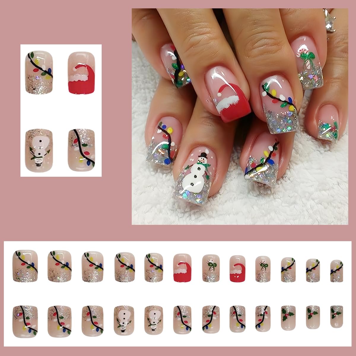 24Pcs Christmas Glitter Press on Nails Short Square Snowman French Tip Nude Design Fake Nails Xmas Cute Stick on Nails Winter Holiday Acrylic Glossy False Nails for Women and Girls Glue on Nails - Image 2